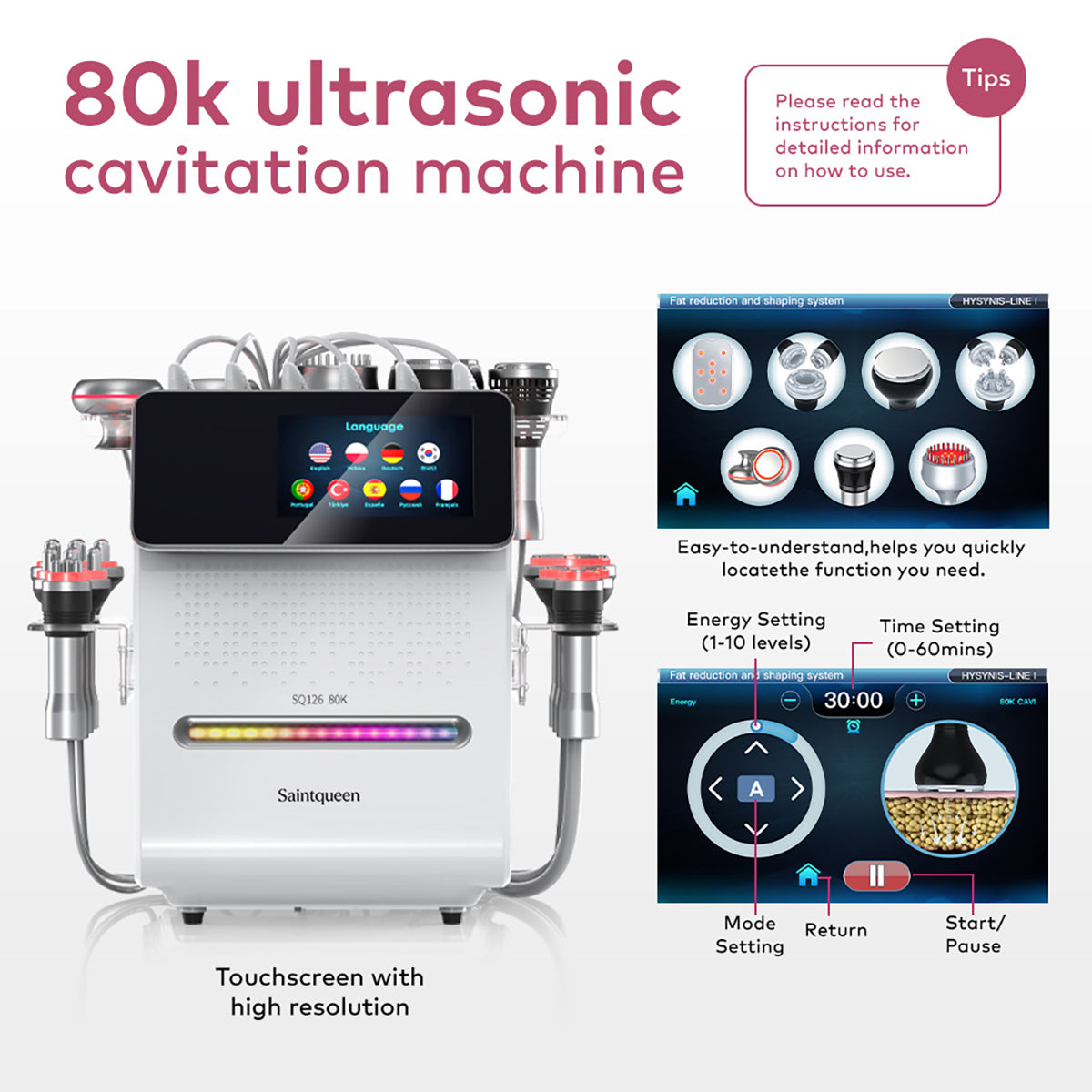 SQ126A Max เครื่องคาวิเทชันอัลตราโซนิก 80K และ RF แบบ 11-in-1 พร้อมแผ่นเลเซอร์
