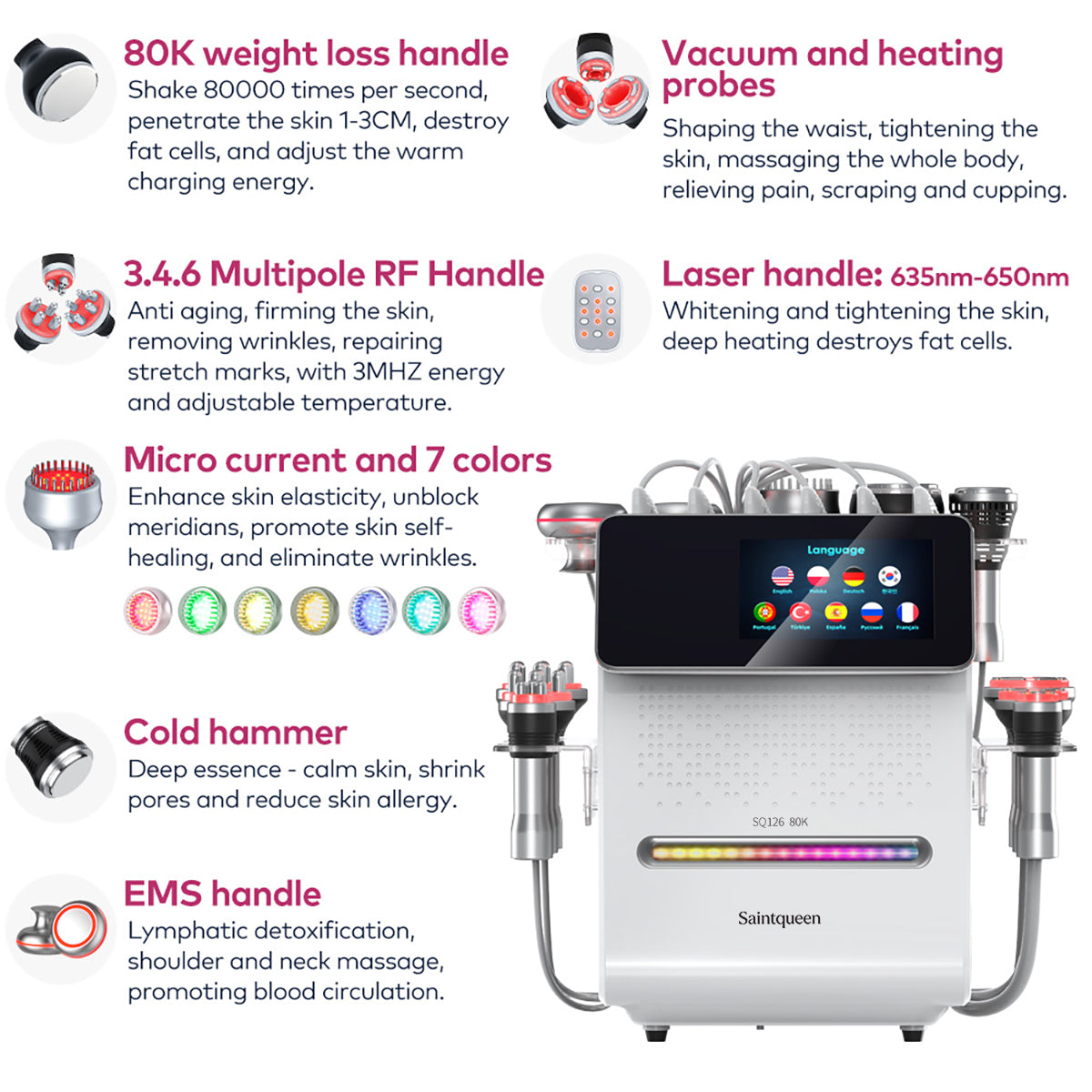 SQ126B Max เครื่องคาวิเทชันอัลตราโซนิก 80K และ RF แบบ 11-in-1 พร้อมแผ่นเลเซอร์ + ไมโครเคอร์เรนต์