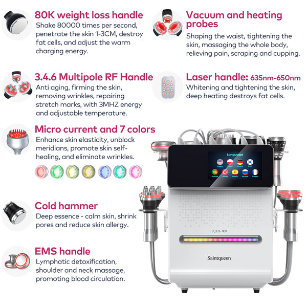 SQ126B Max เครื่องคาวิเทชันอัลตราโซนิก 80K และ RF แบบ 11-in-1 พร้อมแผ่นเลเซอร์ + ไมโครเคอร์เรนต์