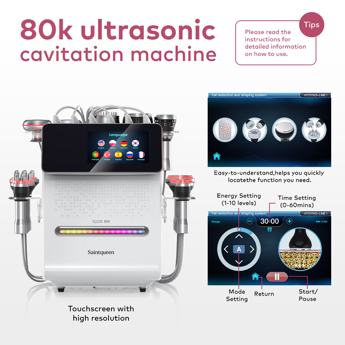 SQ126B Max เครื่องคาวิเทชันอัลตราโซนิก 80K และ RF แบบ 11-in-1 พร้อมแผ่นเลเซอร์ + ไมโครเคอร์เรนต์