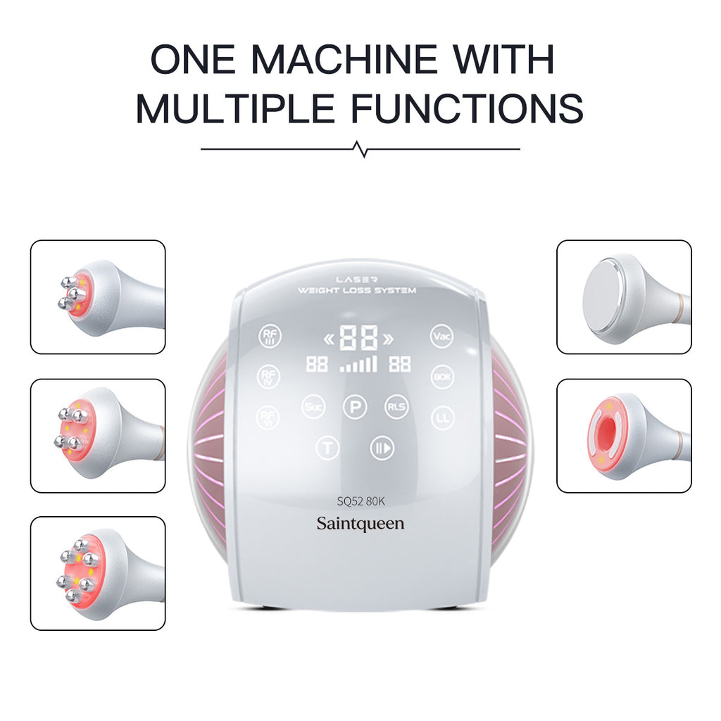 SQ52 Pro เครื่องคาวิเทชันอัลตราโซนิก 80K แบบ 5-in-1 พร้อม RF หลายขั้วและนวดสุญญากาศ สำหรับดูแลรูปร่าง นวดระบายน้ำเหลือง ผิวที่ดูกระชับ และริ้วรอยบนใบหน้า ลำคอ และลำตัว