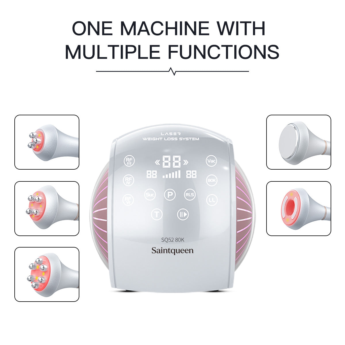 SQ52 Pro เครื่องคาวิเทชันอัลตราโซนิก 80K แบบ 5-in-1 พร้อม RF หลายขั้วและนวดสุญญากาศ สำหรับดูแลรูปร่าง นวดระบายน้ำเหลือง ผิวที่ดูกระชับ และริ้วรอยบนใบหน้า ลำคอ และลำตัว