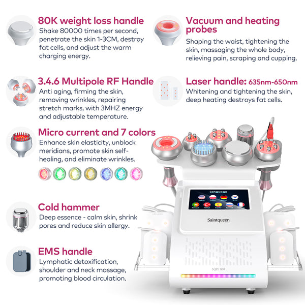 SQ85D Plus เครื่องคาวิเทชันอัลตราโซนิก 80K และ RF แบบ 9-in-1 พร้อมแผ่นเลเซอร์