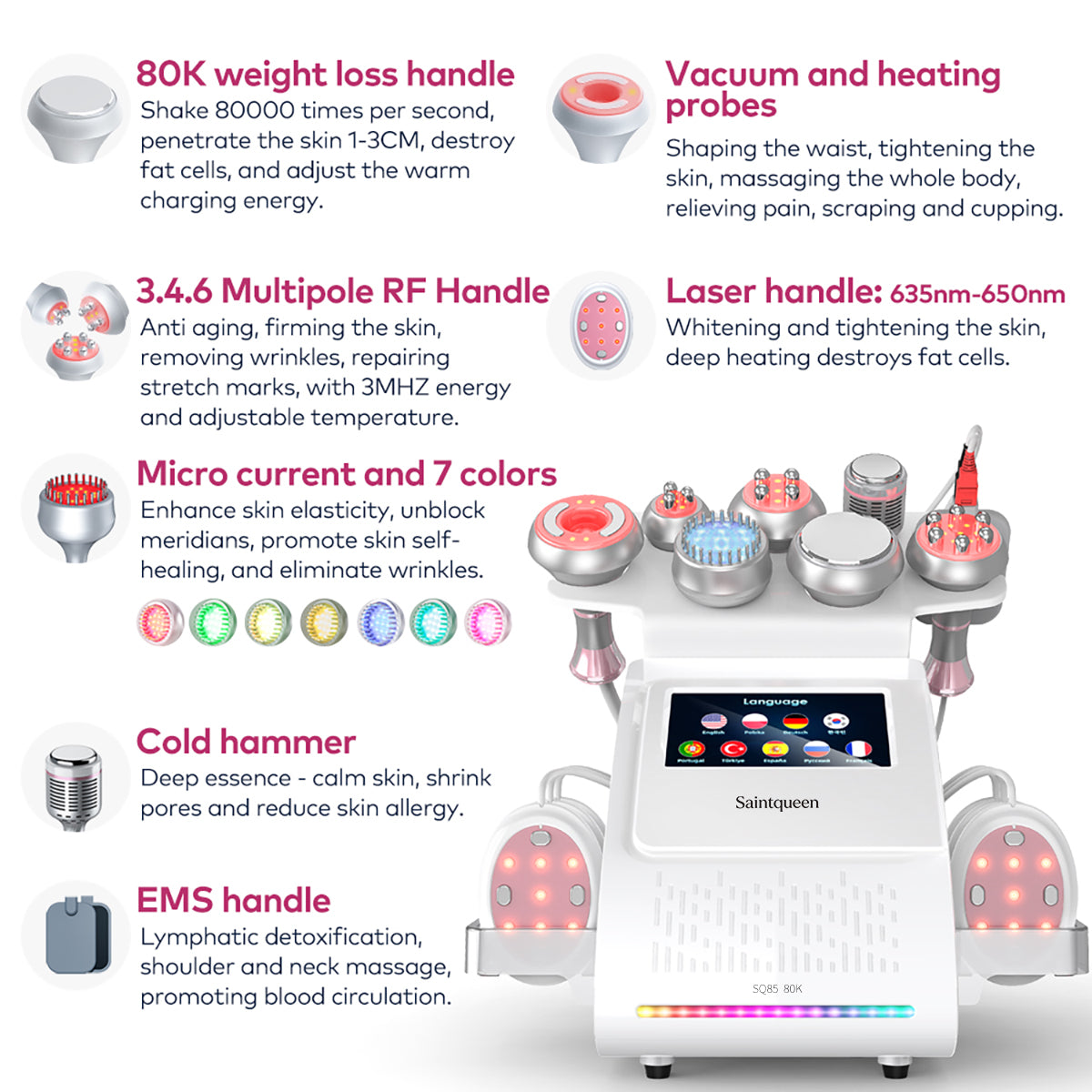 SQ85E Plus เครื่องคาวิเทชันอัลตราโซนิก 80K และ RF แบบ 9-in-1 พร้อมแผ่นเลเซอร์ + ไมโครเคอร์เรนต์ รูปสินค้ารอง