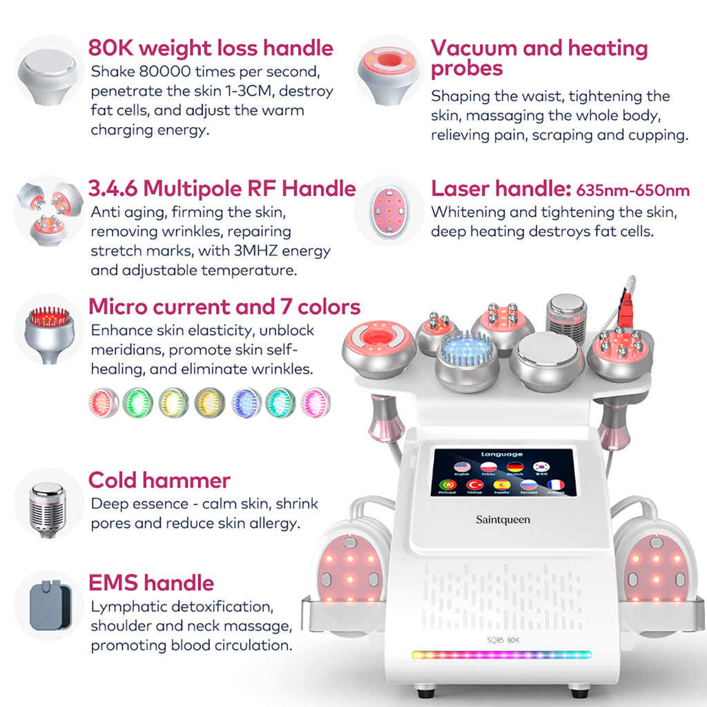 SQ85E Plus เครื่องคาวิเทชันอัลตราโซนิก 80K และ RF แบบ 9-in-1 พร้อมแผ่นเลเซอร์ + ไมโครเคอร์เรนต์