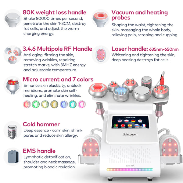 SQ85E Plus เครื่องคาวิเทชันอัลตราโซนิก 80K และ RF แบบ 9-in-1 พร้อมแผ่นเลเซอร์ + ไมโครเคอร์เรนต์