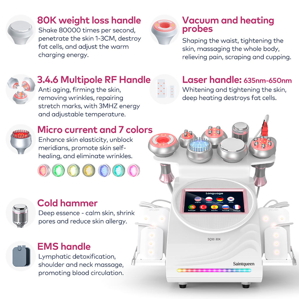 SQ90D Plus เครื่องคาวิเทชันอัลตราโซนิก 80K และ RF แบบ 9-in-1 พร้อมแผ่นเลเซอร์