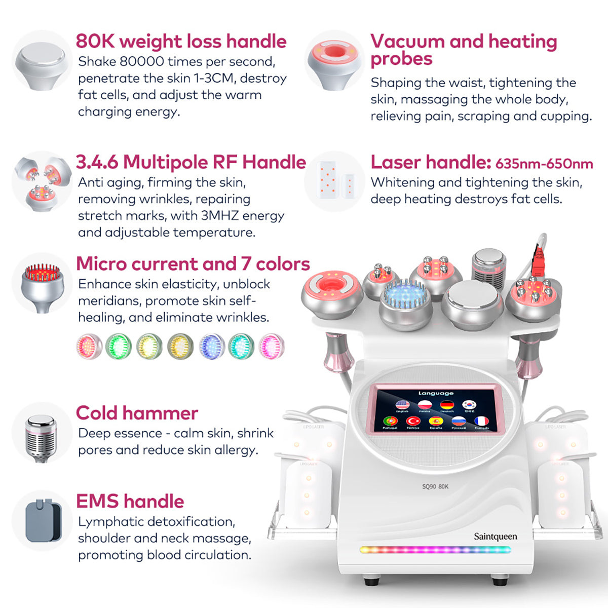 SQ90D Plus เครื่องคาวิเทชันอัลตราโซนิก 80K และ RF แบบ 9-in-1 พร้อมแผ่นเลเซอร์