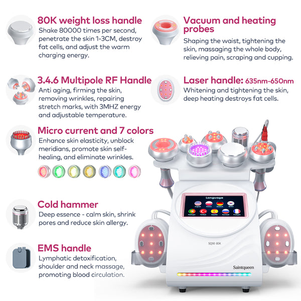 SQ90E Plus เครื่องคาวิเทชันอัลตราโซนิก 80K และ RF แบบ 9-in-1 พร้อมแผ่นเลเซอร์ + ไมโครเคอร์เรนต์