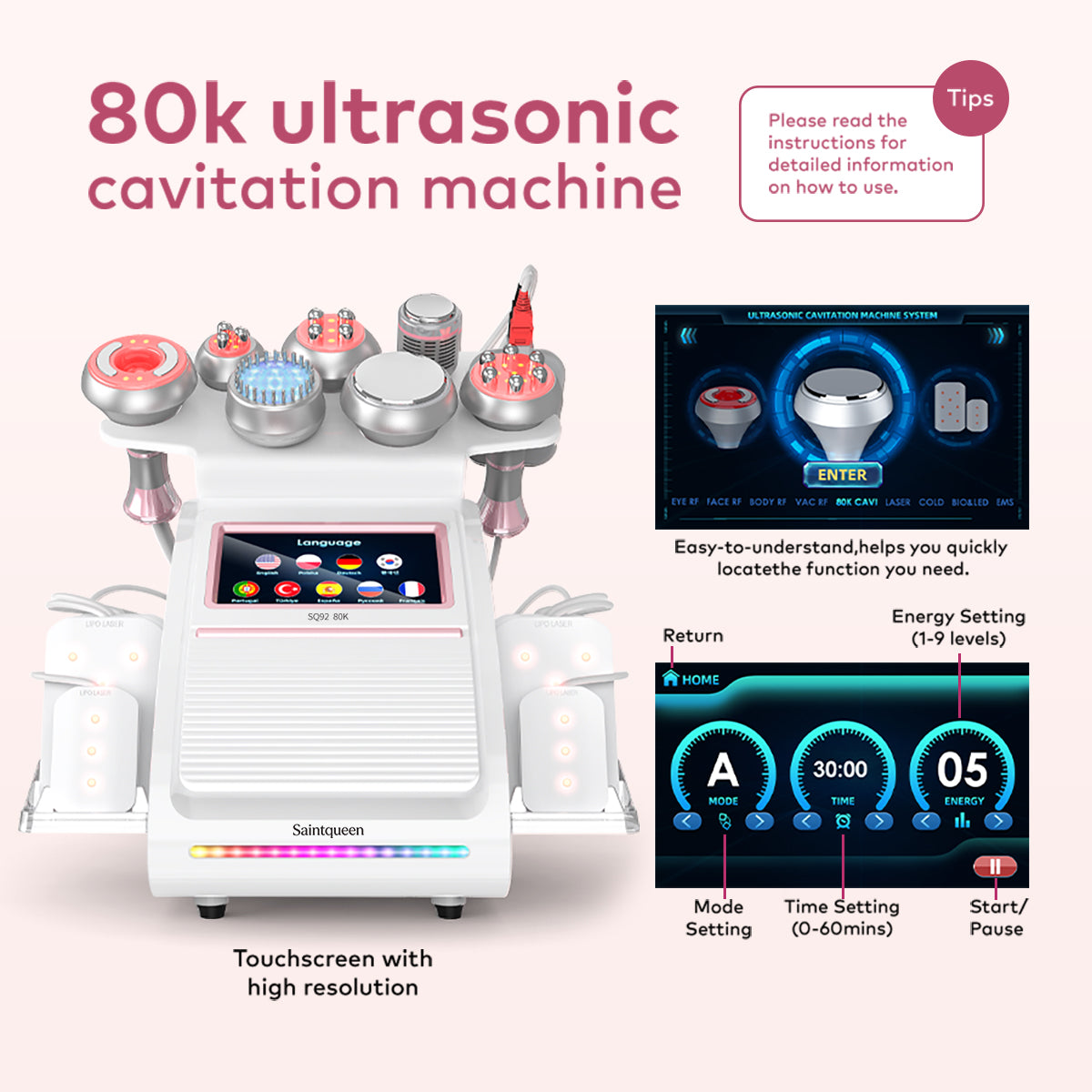 SQ92D Plus เครื่องคาวิเทชันอัลตราโซนิก 80K และ RF แบบ 9-in-1 พร้อมแผ่นเลเซอร์