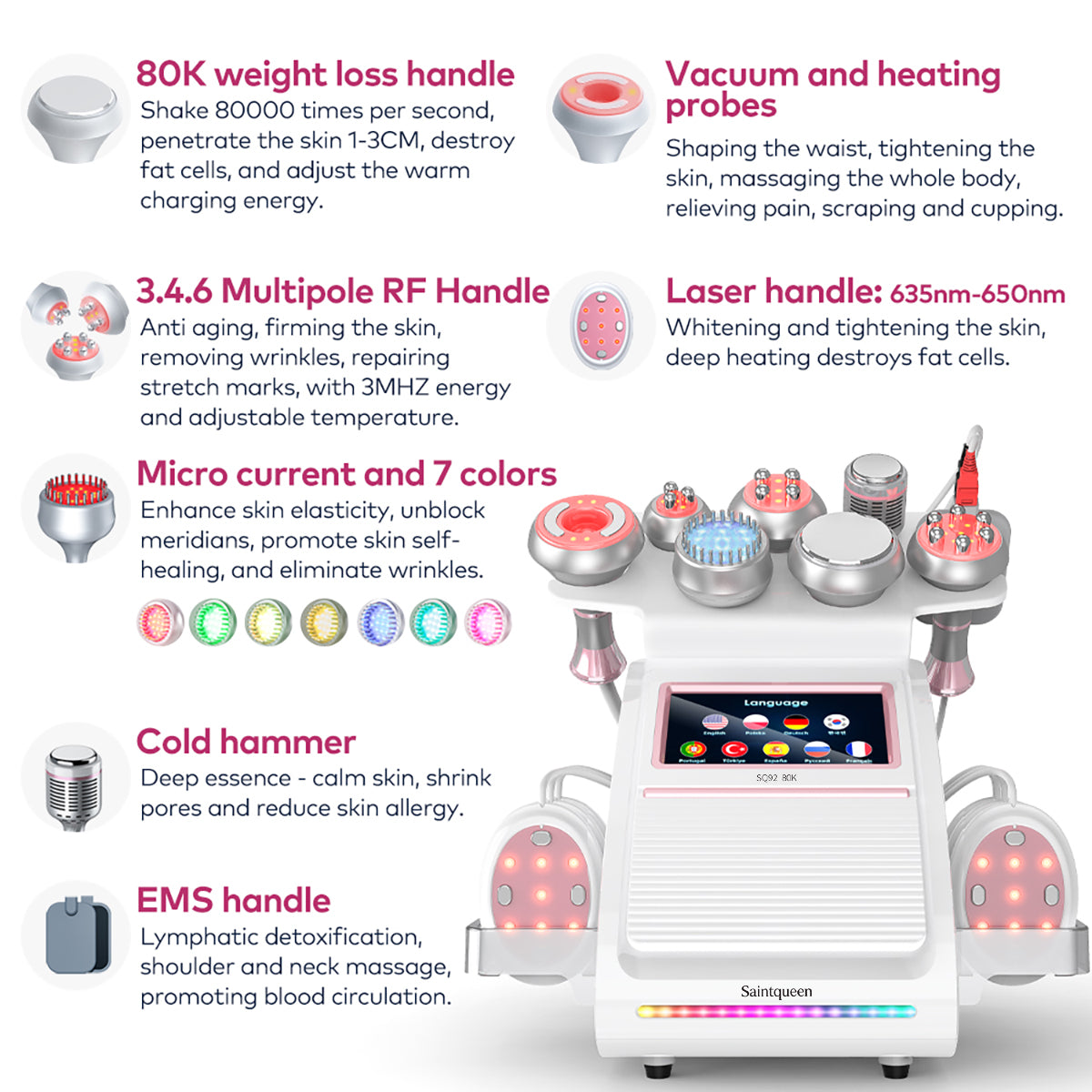SQ92E Plus เครื่องคาวิเทชันอัลตราโซนิก 80K และ RF แบบ 9-in-1 พร้อมแผ่นเลเซอร์ + ไมโครเคอร์เรนต์ รูปสินค้ารอง