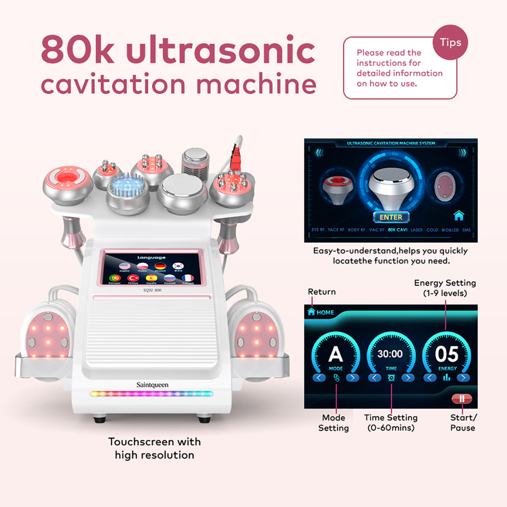 SQ92E Plus เครื่องคาวิเทชันอัลตราโซนิก 80K และ RF แบบ 9-in-1 พร้อมแผ่นเลเซอร์ + ไมโครเคอร์เรนต์