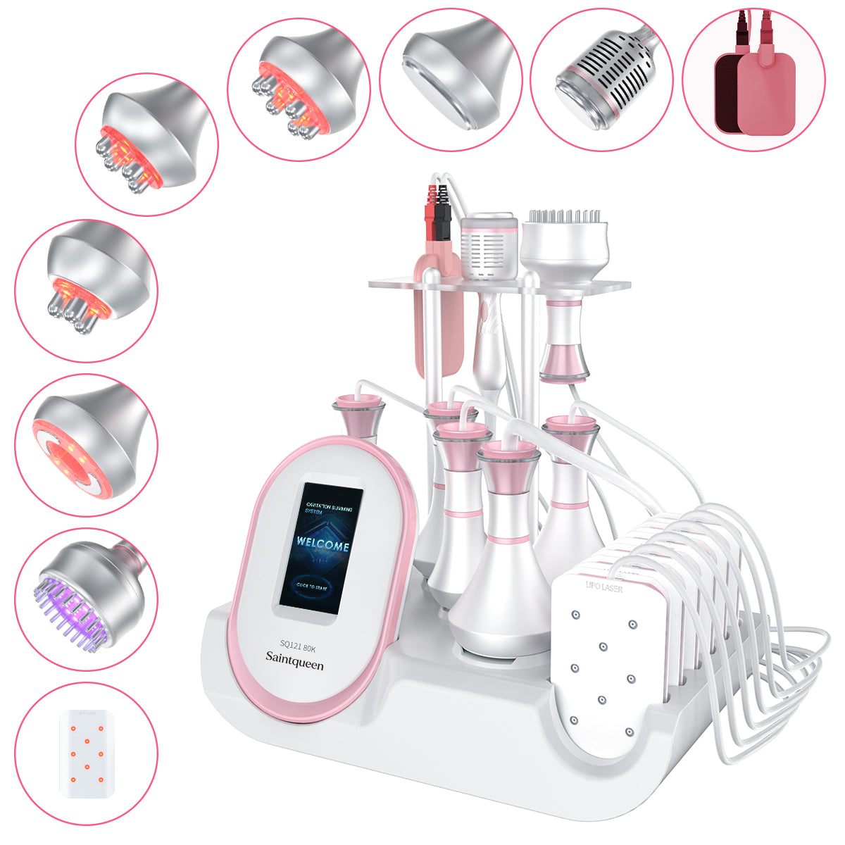 SQ121C Plus เครื่องคาวิเทชัน 80K แบบ 9-in-1 พร้อมแผ่นเลเซอร์, RF หลายขั้ว, สุญญากาศ, EMS, BIO-LED และหัวความเย็น เพื่อดูแลรูปร่างและผิวดูกระชับ รูปสินค้าหลัก