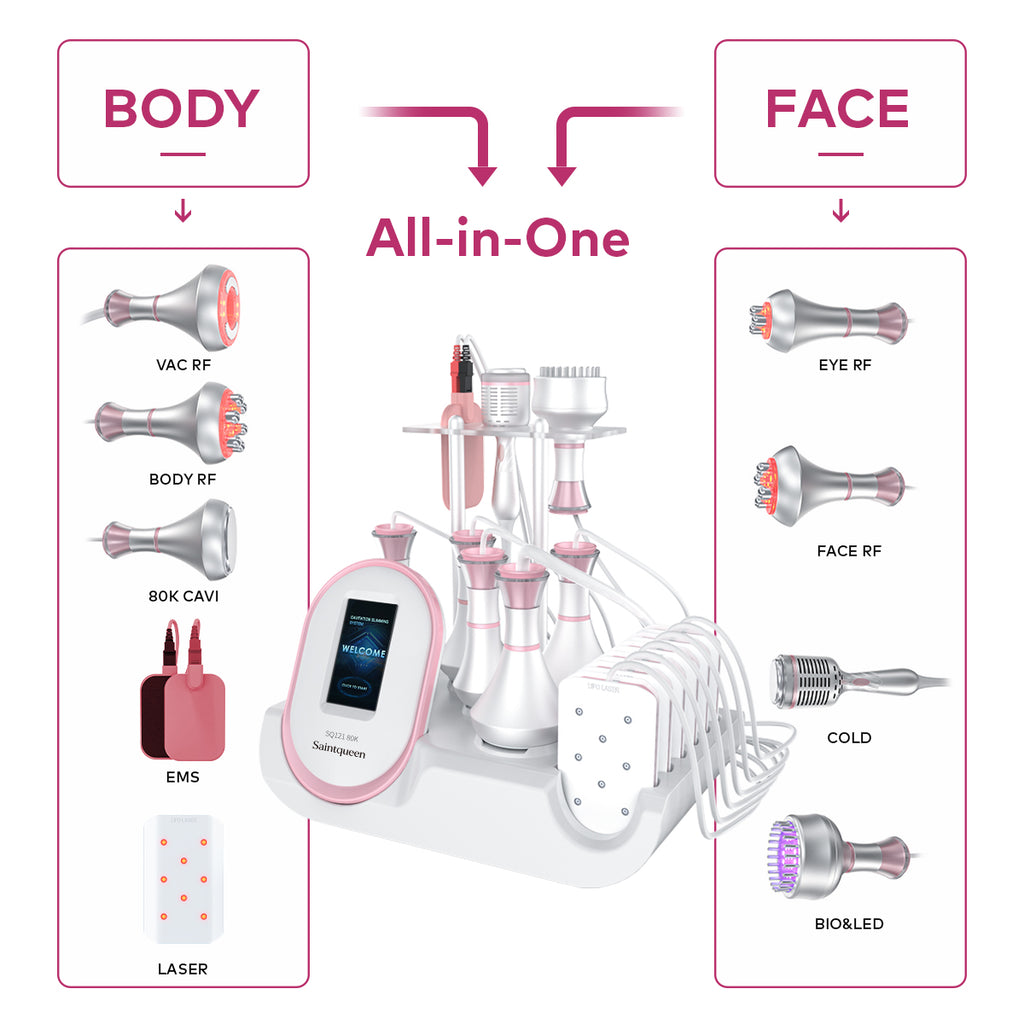 SQ121C Plus เครื่องคาวิเทชัน 80K แบบ 9-in-1 พร้อมแผ่นเลเซอร์, RF หลายขั้ว, สุญญากาศ, EMS, BIO-LED และหัวความเย็น เพื่อดูแลรูปร่างและผิวดูกระชับ