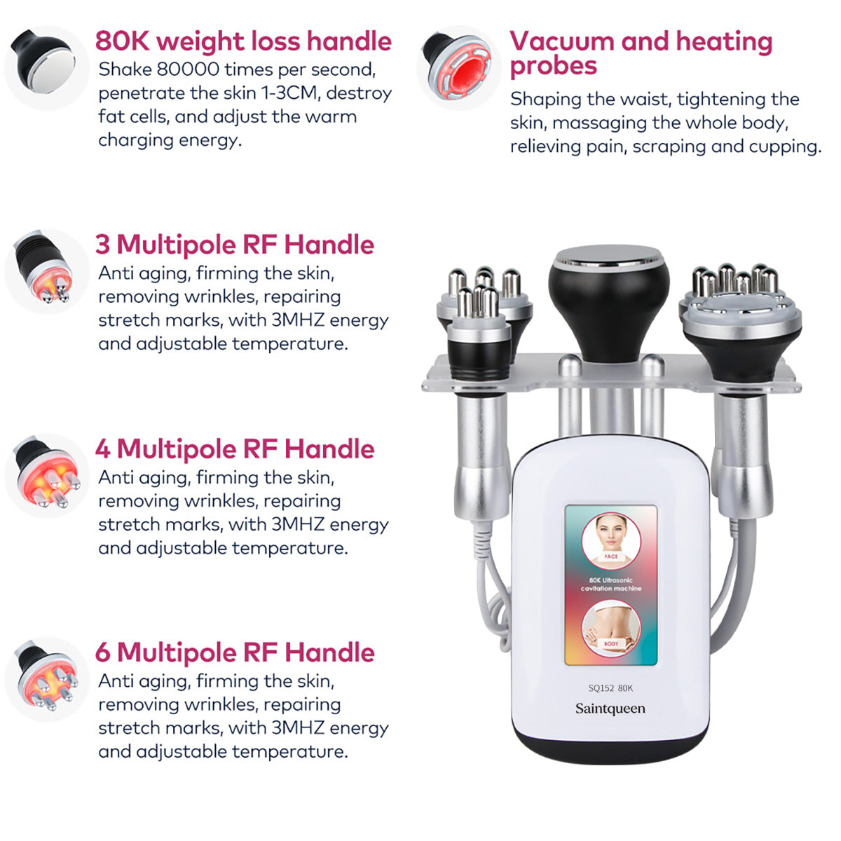 SQ152 Pro เครื่องคาวิเทชันอัลตราโซนิก 80K และ RF หลายขั้ว แบบ 5-in-1 เพื่อดูแลรูปร่าง ใบหน้าดูยกกระชับ ริ้วรอยดูจางลง และผิวดูยืดหยุ่น
