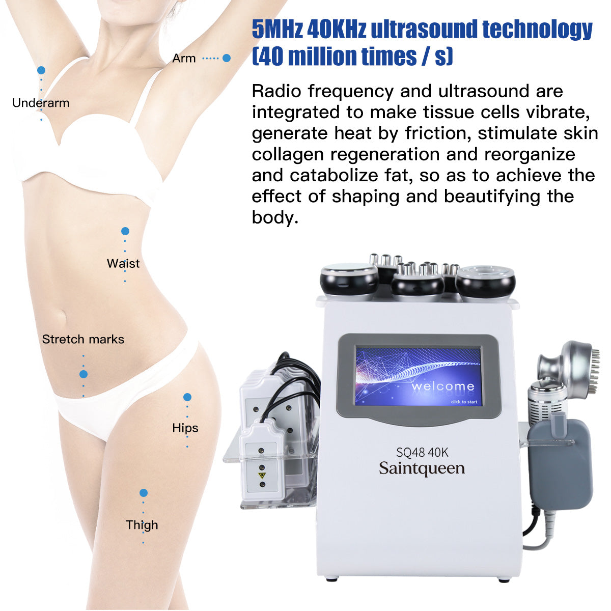 SQ48 Plus เครื่องคาวิเทชันอัลตราโซนิก 40K และ RF 9-in-1 พร้อมแผ่นเลเซอร์