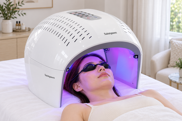 แผง LED SQ1 แบบ 4 โหมด กางเต็มระหว่างดูแลใบหน้า โดยผู้ใช้สวมแว่นป้องกัน
